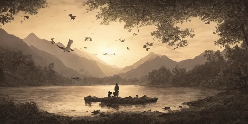 Image similar to A majestic landscape featuring a river, mountains and a forest. A group of birds is flying in the sky. There is an old man with a dog standing next to him. The man is wearing a backpack. They are both staring at the sunset. Cinematic, very beautiful, pencil drawing