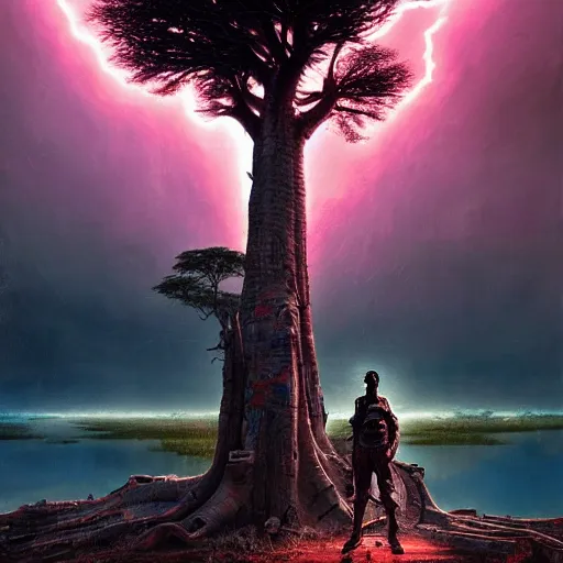 Image similar to a zulu cyberpunk hunter near pink lake witha a baobab tree during a thunderstorm by greg rutkowski and android jones in a surreal portrait style, oil on canvas, 8k resolution.