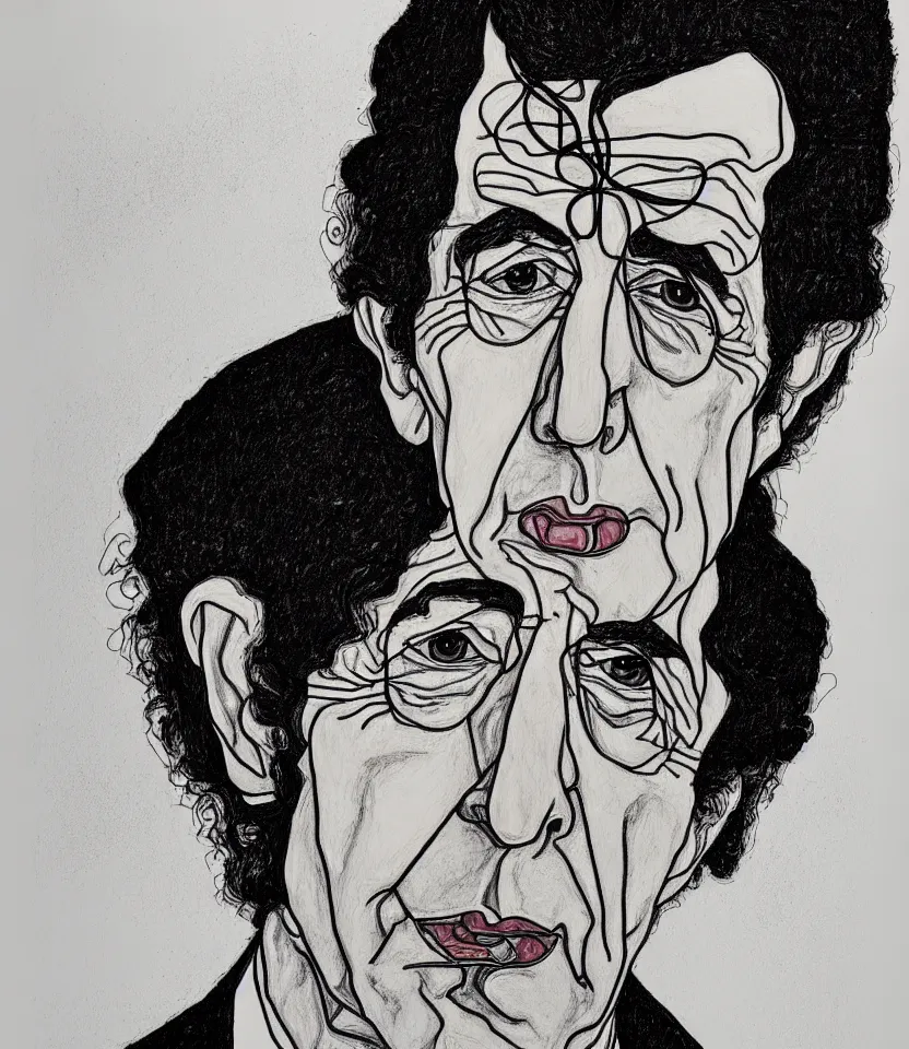 Prompt: detailed line art portrait of leonard cohen, inspired by egon schiele. caricatural, minimalist, bold contour lines, musicality, soft twirls curls and curves, confident personality, raw emotion