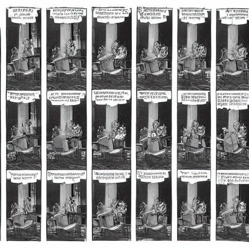 Image similar to a beautiful art installation. let ’ s see how long the rich can eat their money for comic strip by thomas cole, by chris ware desaturated