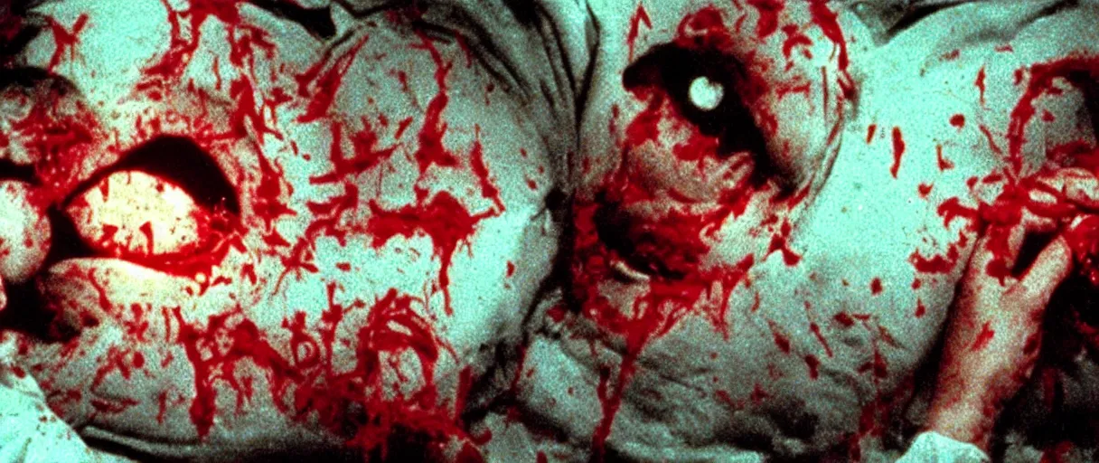 Image similar to filmic extreme wide shot dutch angle movie still 35mm film color photograph of a doctor getting his both his eyeballs pulled out by dangerous alien worms coming from off camera, blood splattering, in the style of The Thing 1982 horror film