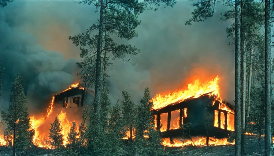 Image similar to 1 9 7 0 s movie still of a burning house on a mountain with pine forest, cinestill 8 0 0 t 3 5 mm, high quality, heavy grain, high detail, texture, dramatic light, ultra wide lens, panoramic anamorphic, hyperrealistic