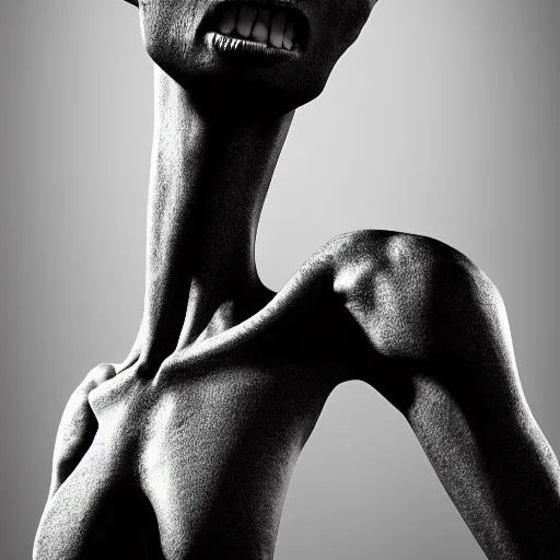 Image similar to photorealistic detailed tall skinny humanoid creature, extremly detailed, black and white, 8 k, realistic, sharp focus, cosmic horror creature, cosmic horror