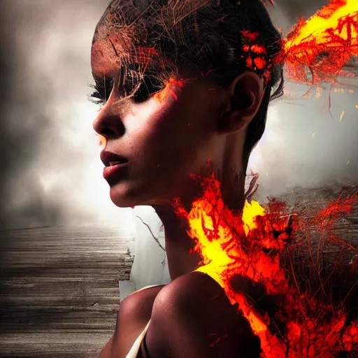 Prompt: a woman, city on fire, giant, sci - fi, award winning, photo manipulation, collage