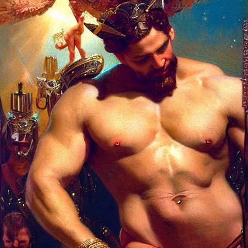 Image similar to muscular zeus wears leather and drinks martinis at a celestial dance club and falls in love with the handsome god jupiter, painting by gaston bussiere, craig mullins, j. c. leyendecker, tom of finland