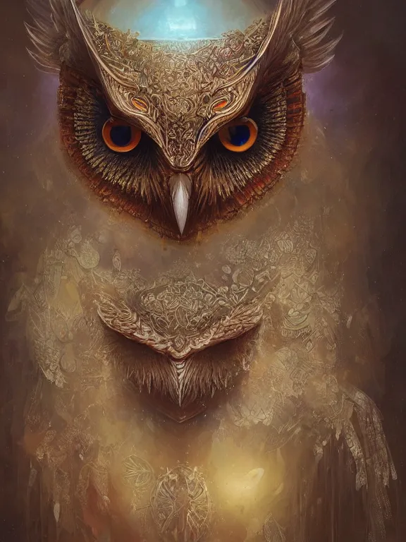 Image similar to a ultradetailed beautiful concept art of a an intricate wooden mask of an owl painted with beautiful colors, but the mask seems to hide some dark secret, concept art, high resolution 4 k, by tom bagshaw, greg rutkowski, charli bowater and artgeem