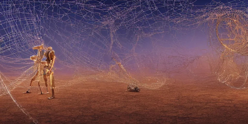 Prompt: A George Miller film, an ornate real character made out of intricate metallic filament webs and Endocrine system built out of dust and light, spinning majestic crystalline coated wires, floating in the desert night, hyper-realism, very detailed feel, rendered in Octane, tiny points of light, caustic, 4k, beautiful lighting, colorful, vibrant