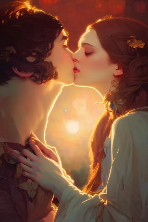 Image similar to the kiss, light from above, fantasy, portrait, sharp focus, intricate, elegant, digital painting, artstation, matte, highly detailed, concept art, illustration, ambient lighting, art by ilya kuvshinov, artgerm, alphonse mucha, and greg rutkowski