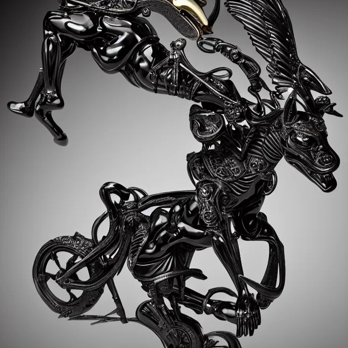 Prompt: fine art statue of black egyptian god anubis on a surrealist motorbike, ebony art deco, carved black marble, inlaid with ebony and gold accents, ebony rococo, wings black lace wear, sculpted by spider zero, zaha hadid, beautifully lit, hyper detailed, intricate, elite, ornate, photorealistic, micro details, 3 d sculpture, ray trace