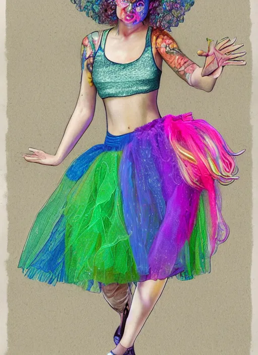 Prompt: surrealism psychedelic full body portrait sketch of julia garner as delirium of the endless in fishnet top and rainbow tutu skirt from the sandman, floating goldfish, green and blue eye heterochromia by alex ross, josh kirby, detailed, elegant, intricate