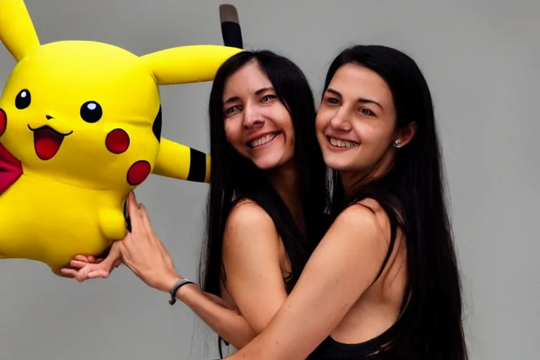 Image similar to a young skinny woman with long dark hair hugging a pikachu