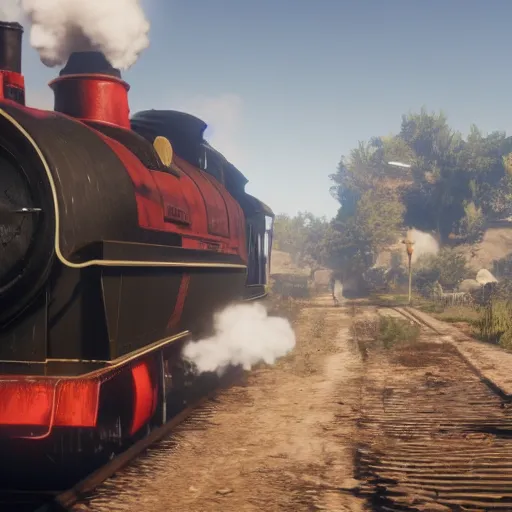 Image similar to futuristic sleek steam locomotive in red dead redemption 2