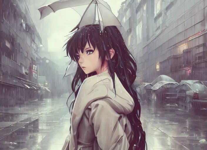 Prompt: full body portrait of beautiful anime girl standing in the rain, holding a sword, wearing an oversized jacket, an ultrafine illustration by loish, artgerm, greg rutkowski, intricate linework, urban nighttime setting, neon lights illuminating, unreal engine 5, global illumination, detailed environment, trending on artstation.