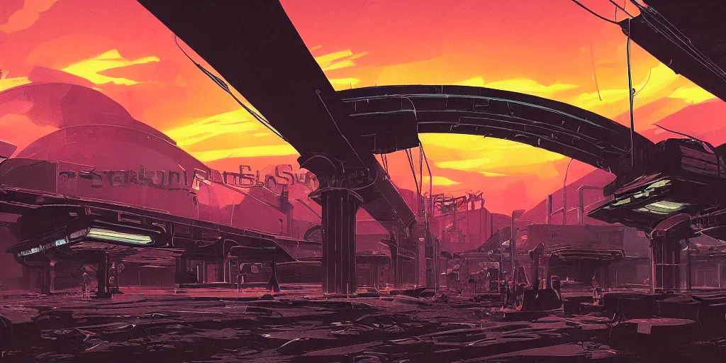 Prompt: post apocalyptic wasteland neon futuristic cyberpunk vaporwave glow sunset clouds sky subway tunnel illustration by syd mead concept art