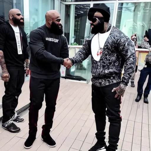 Prompt: rappers booba and kaaris shaking hands, paparazzi picture