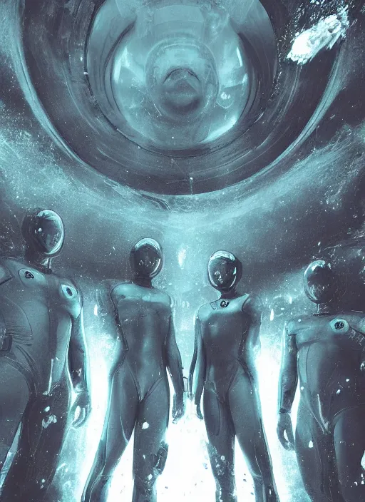 Image similar to astronauts in dark minimalists underwater pool - hyperdetailed suit. reflection and dispersion materials. rays and dispersion of light. volumetric light. 5 0 mm, f / 3 2. noise film photo. flash photography. ultra realistic, wide angle. poster by wayne barlowe, hajime sorayama aaron horkey, craig mullins. dark key.