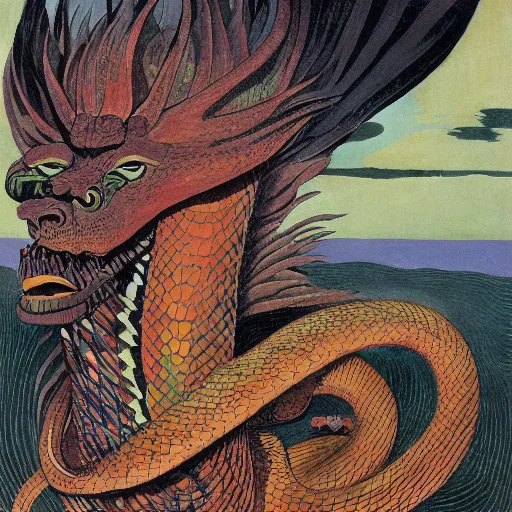 Image similar to demiurge serpent serpent python wearing a lion costume furry ears neck neck tall long viper tombow peter doig greg rutkowski giorgio de chirico arsen savadov dan witz vik muniz