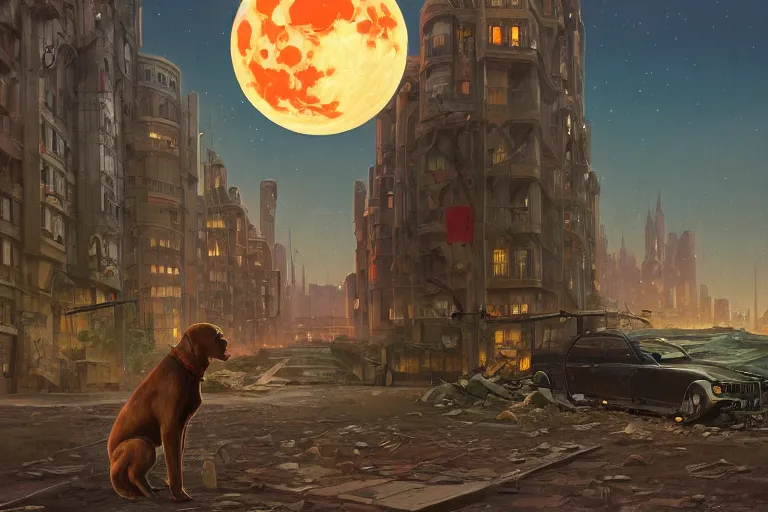 Prompt: a detailed illustration of a lonely sad dog against the background of a ravaged city and a red moon, artstation, by John Philip Falter, Art Nouveau, sophisticated, Unreal engine, dystopia, anti-utopia, post processing, nostalgic melancholic artwork, intricate