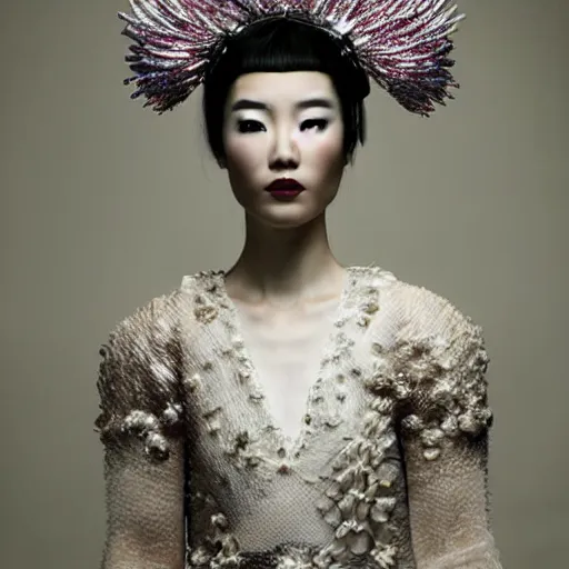 Image similar to a beautiful young female asian model wearing a headpiece made by maiko takeda, photoshot by erwin olaf