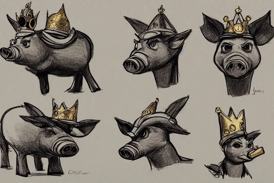 Image similar to concept sketches of a pig wearing a gold crown side profile by jamie hewlett, in the style of megaman