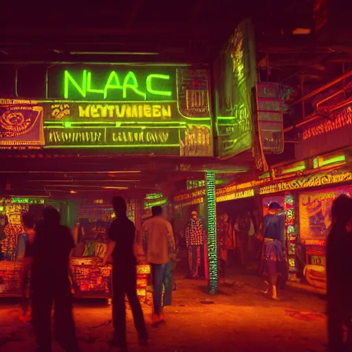 Image similar to cyberpunk black indian market, indoor in the style of blade runner, low neon lights and dim displays, crowded with cyborgs photorealistic, artistic photography, grainy ruined film, dark color scheme, ray tracing, unreal engine, 4 k