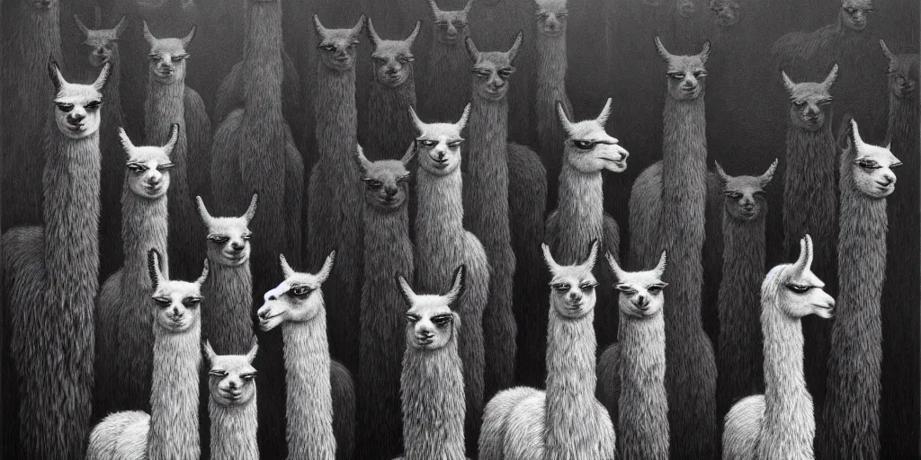 Image similar to a gang of llama banditos, fantasy, intricate, artstation, sharp focus, digital art, zdzisław beksinski, gustave dore, caravaggio, abduzeedo