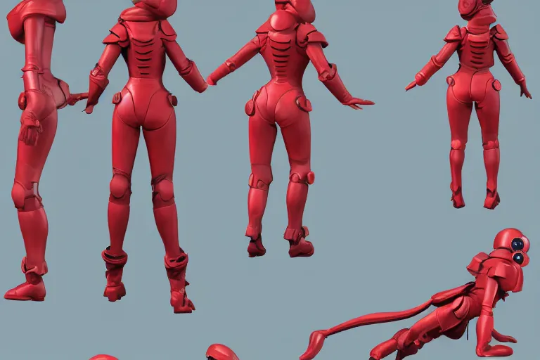 Prompt: 3d model sheet tpose turnaround of a cute sensual female sci fi character with black hair and red armored space outfit with stylized pixar mom proportions