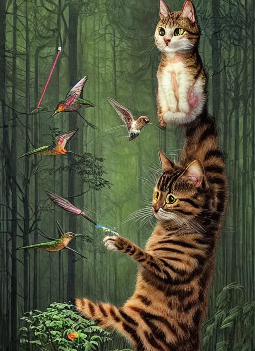 Image similar to a hyper realistic illustrated cat with playing with a hummingbird on its paw in the woods gorgeous lighting, lush forest foliage painting by chiara bautista and beksinski and norman rockwell and greg rutkowski weta studio, and lucasfilm