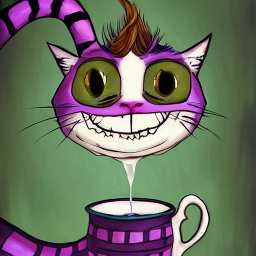 Image similar to cheshire cat drinking tea, by cory loftis, character art, art, very coherent, plain background, lighthearted, soft painting