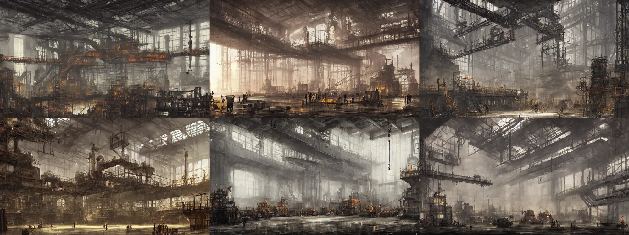 Prompt: interior of heavy industrial steel mill with cranes and engineers, papyrus, watercolored, jakub rozalski, dark colours, dieselpunk, concept art, trending on artstation