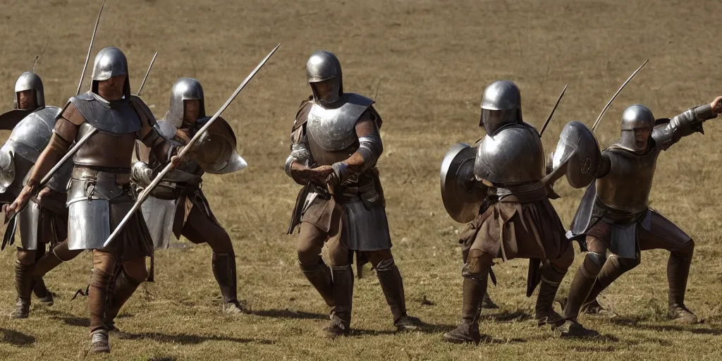 Prompt: one hoplite, fighting medieval army, film still, award winning, sharp focus,