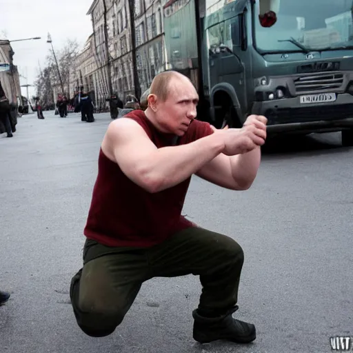 Prompt: A russian thug squating in the street