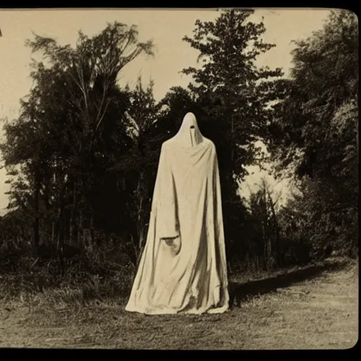 Image similar to scary unproportionally tall ghost creature in the middle of a village, 1920s picture