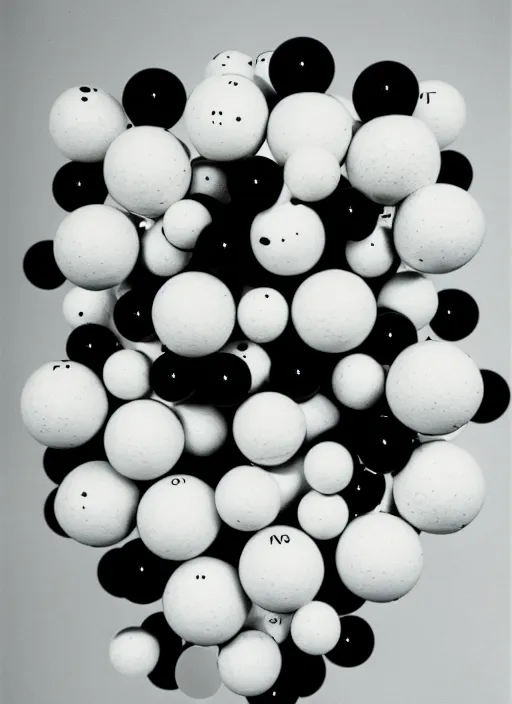 Image similar to realistic object photo of ping pong balls sculpture with molecule made of eyeballs, black cloud made of caviar, readymade, dadaism, fluxus, man ray 1 9 9 0, life magazine photo