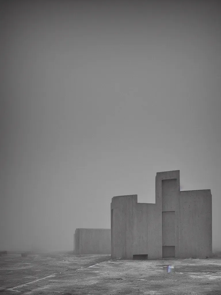 Image similar to High resolution black and white photograph with a 22 mm F/12.0 lens of a Brutalist architectural building in Bulgaria in the 1970s in the middle of a deserted nowhere while foggy and cloudy.