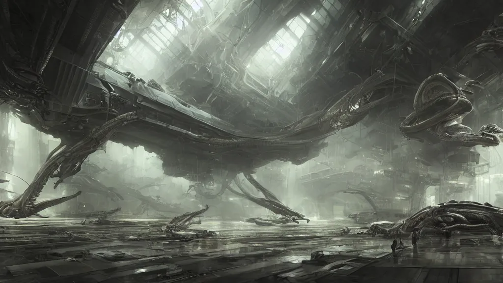 Image similar to a Photorealistic dramatic hyperrealistic,hyper detailed render by Greg Rutkowski,Craig Mullins,Nicolas Bouvier SPARTH, ILM of an Epic Sci-Fi, Gigantic Alien xenomorph spaceship inside huge interior hangar,intricate bio mechanical surface details,many tubes and cables hanging from the ceiling,Beautiful dynamic dramatic moody lighting,contrast and shadows,Volumetric,Cinematic Atmosphere,Octane Render,Artstation,8k