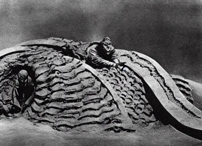 Prompt: sandworm scene from the 1 9 1 4 science fiction film dune # stablediffusion