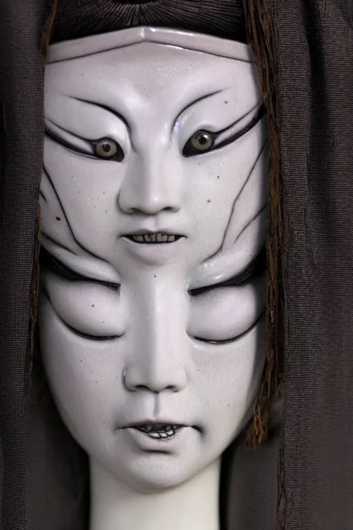 Image similar to porcelain eyeless geisha made by Kris Kuksi and HR Giger