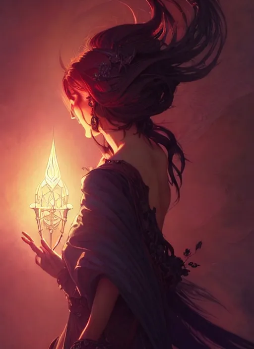 Image similar to Necromancer Sorceress, fantasy magic, undercut hairstyle, dark light night, intricate, elegant, sharp focus, illustration, highly detailed, digital painting, concept art, matte, art by WLOP and Artgerm and Greg Rutkowski and Alphonse Mucha, masterpiece