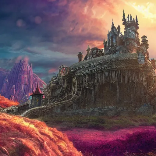 Prompt: large fantasy castle covering the top of the giant tortoise moving across harsh wasteland with sharp rays of sunlight, mortal engines howls moving castle, distant - mid - shot, fantasy, hyper detailed, 4 k