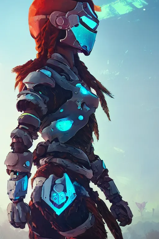 Image similar to combination suit armor aloy horizon forbidden west horizon zero dawn radiating a glowing aura global illumination ray tracing hdr fanart arstation by ian pesty and alena aenami artworks in 4 k tribal robot ninja mask helmet backpack