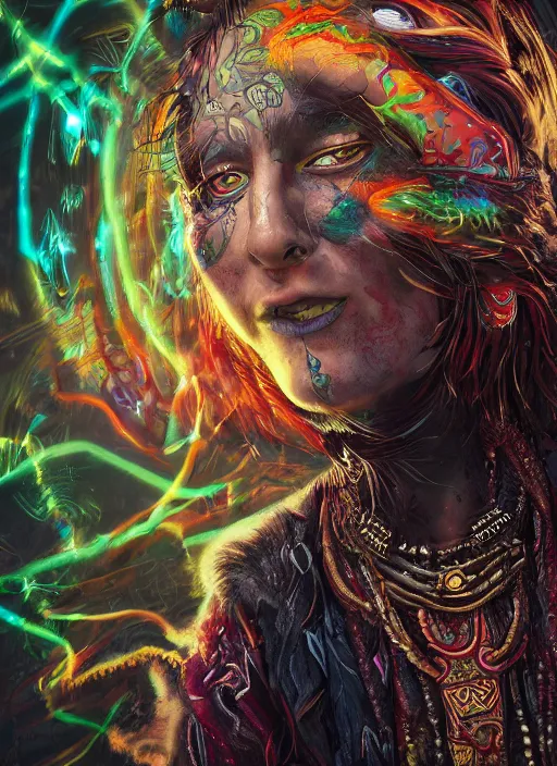 Prompt: An epic fantasy comic book style portrait painting of a wild- eyed shaman tripping on Ayahuasca, Shipibo textile patterns made of lasers, fisheye lens, unreal 5, DAZ, hyperrealistic, octane render, cosplay, RPG portrait, dynamic lighting