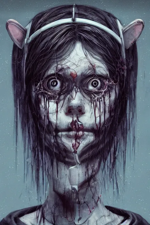 Image similar to cartoon grunge portrait of a creepy horror nurse girl . intricate abstract. intricate artwork. nightmare fuel. terrifying. by Tooth Wu, wlop, dan mumford , trending on artstation, greg rutkowski very coherent symmetrical artwork. cinematic, hyper realism, high detail, octane render, 8k