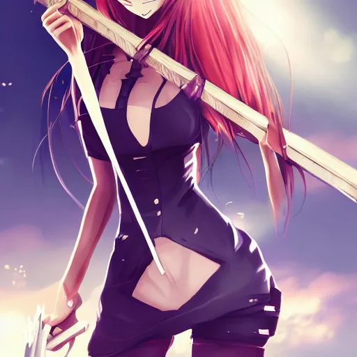 Image similar to anime girl holding a saw, action pose, highly detailed beautiful, pixiv