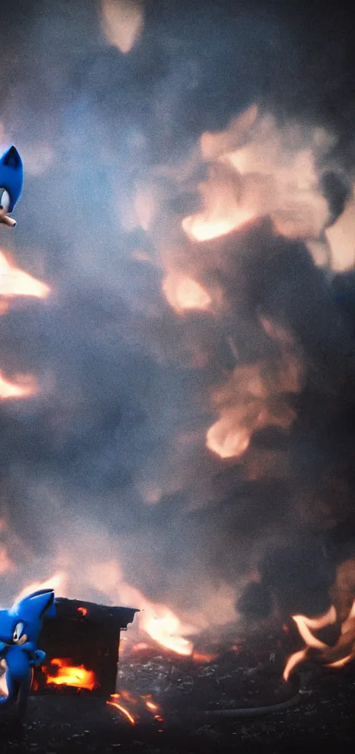 Image similar to Dark gray and blue smoke in the shape of Sonic the hedgehog, coming from a burning SEGA dreamcast. Dramatic shot, cinematic, epic lighting, low angle medium shot, 35mm