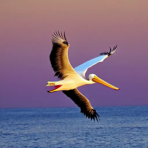 Prompt: award - winning photo of a white pelican in flight as seen from below. in the background we see the ocean and a pinkish hue sunset