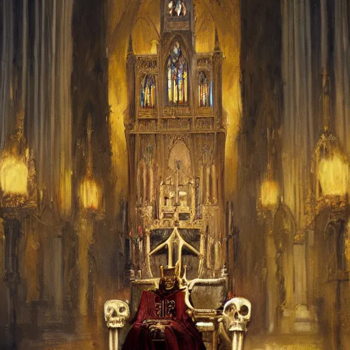 Prompt: Human skeleton, king in noble clothes, resting on a throne inside a cathedral, oil painting, by Fernanda Suarez and Greg Rutkowski