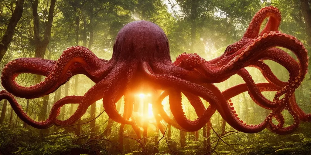 Prompt: a highly detailed giant octopus god floating in the middle of a forest, beautiful ambient light, sun rays hitting the slightly translucent creature, golden hour, 8k photography