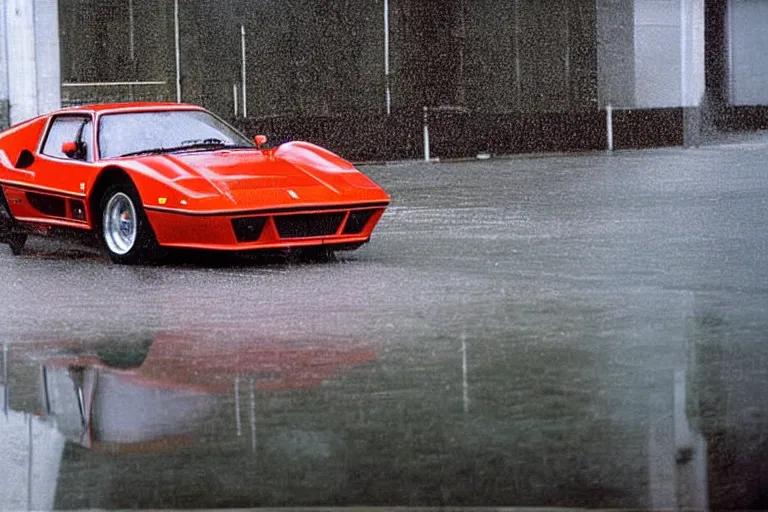 Image similar to 1982 photograph of a single Ferrari GTO, raining, wet and reflective, movie still, cinematic Eastman 5384 film