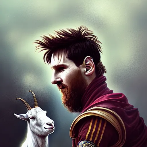 Prompt: Lionel Messi standing beside a goat, D&D, fantasy, intricate, elegant, highly detailed, digital painting, artstation, concept art, matte, sharp focus, illustration, art by Artgerm and Greg Rutkowski and Alphonse Mucha